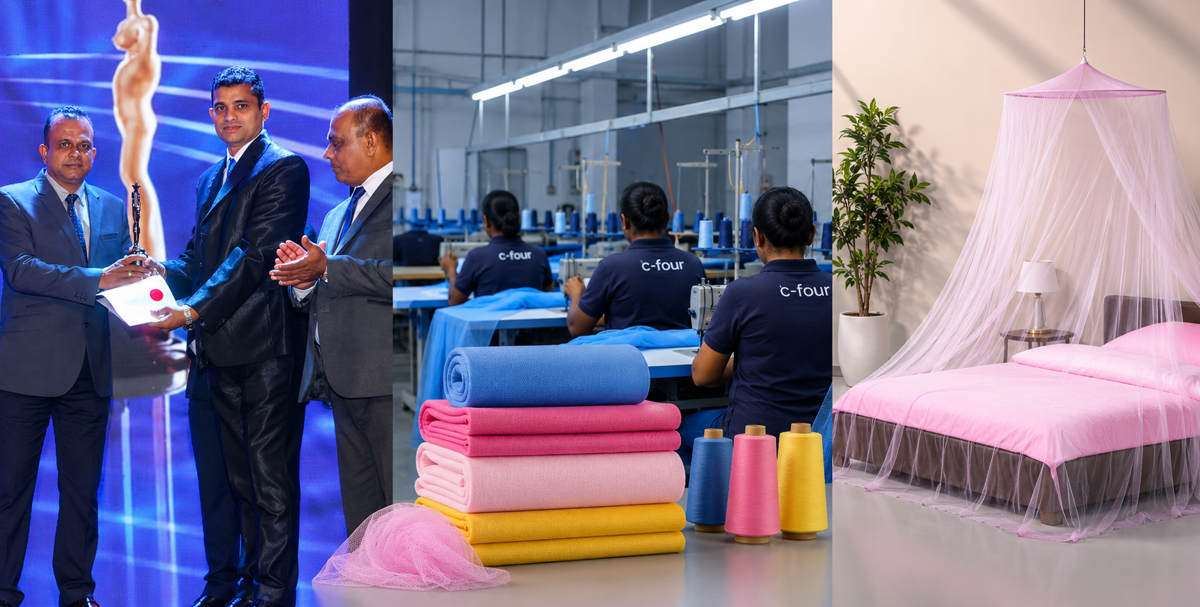 C-Four leadership receiving an industry award, the Mawanella factory floor, and a finished mosquito net canopy
