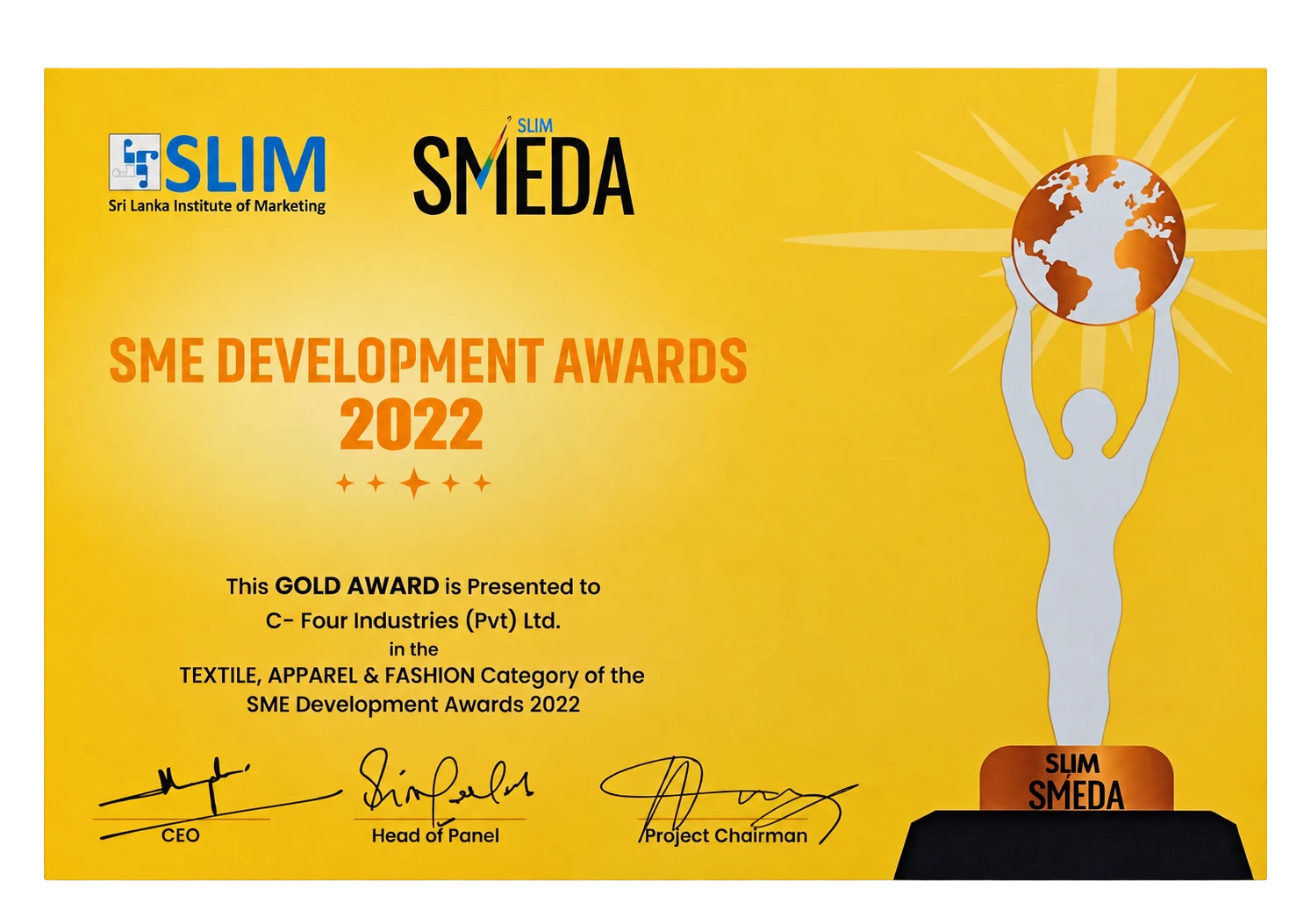 2022 SLIM Gold Award certificate — SME Development Awards