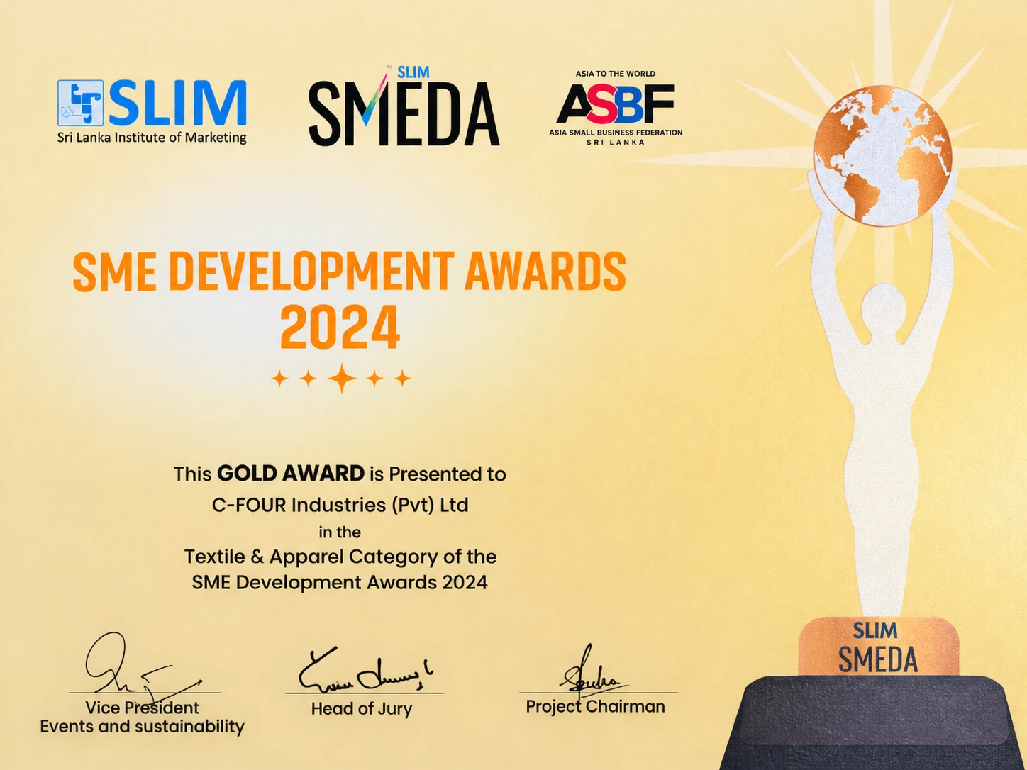 2024 SLIM Gold Award certificate — SME Development Awards