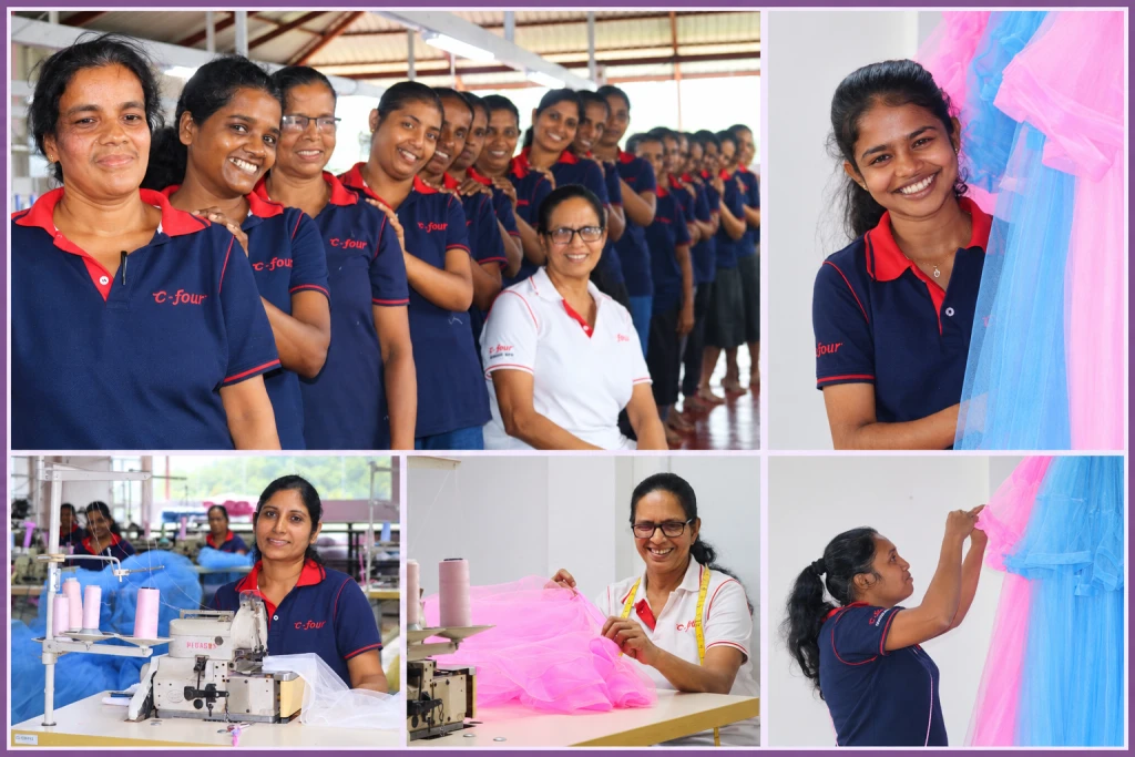 Collage of the C-Four team, sewing stations and mosquito-net preparation