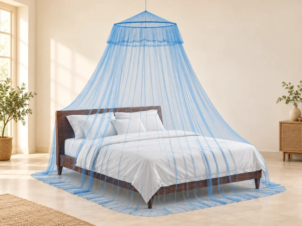 Full bed enclosed by a blue round-frame mosquito net, showing the frame, mesh and finished lower edge