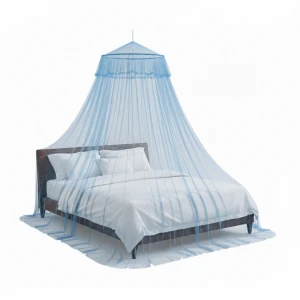 Blue Nova round framed mosquito net over a bed