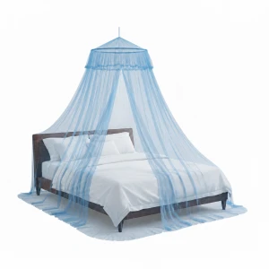 Blue Nova round framed side-open mosquito net over a bed